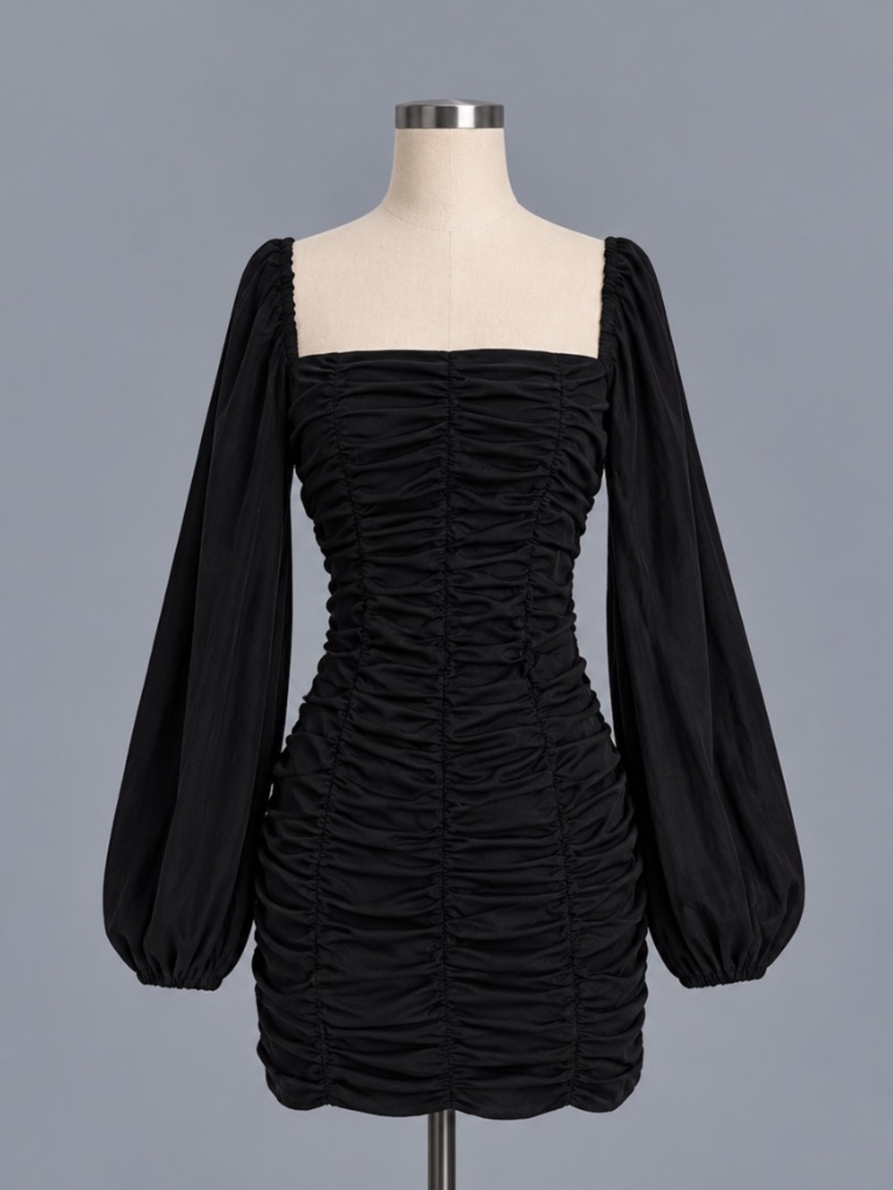PrettyLittleThing Black Ruched Long Sleeve Mini Dress – Size 4 – NWT